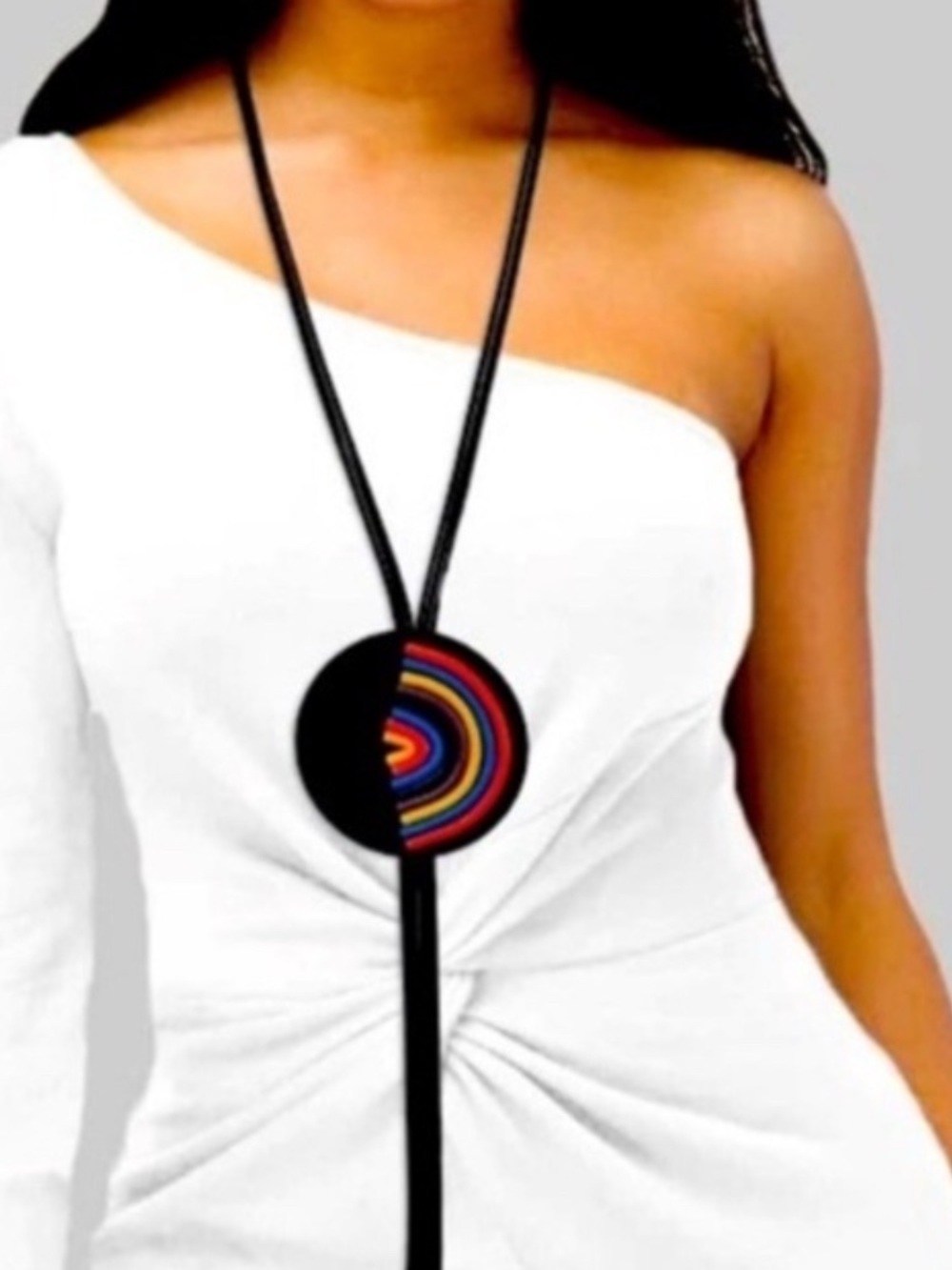 Long Black Cord Necklace with Multicolor Circular Pendant